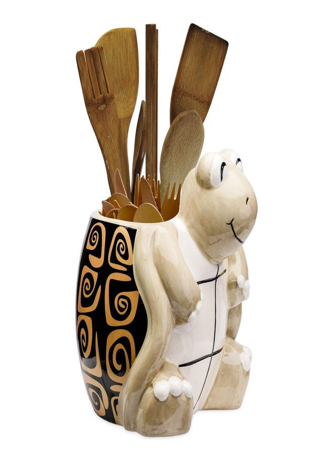Sixdrop Turtle Kitchen Utensil Holder - Sea Turtle Storage Crock - Tortoise Home Decorations - Gift Decor - Office Holiday Theme Party Accessories - Lucky Gold Spirals - Image 1